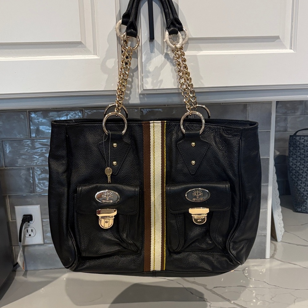 Christine Price Black Leather Tote Bag with Gold Accents